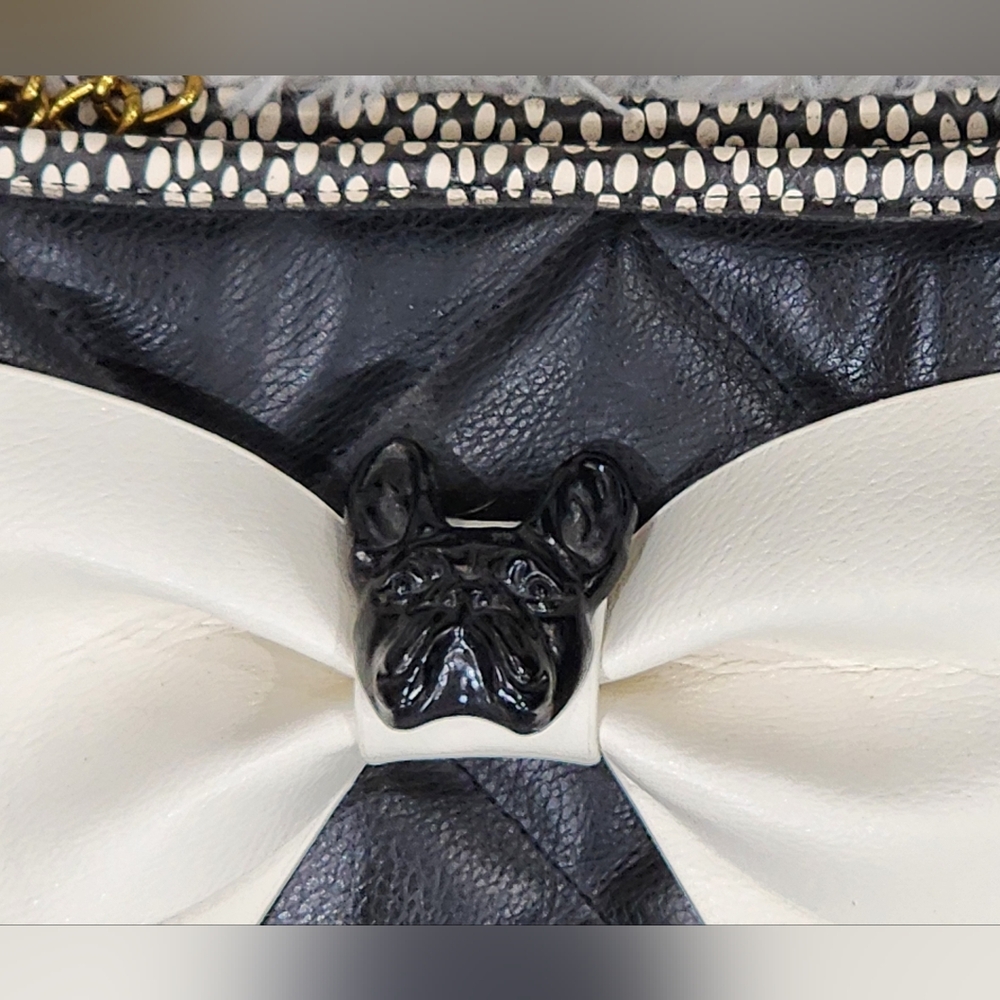 Betsey Johnson | Frenchie Bull Dog Bow Vegan Leather Quilted Tote | Black/White - Picture 3 of 14